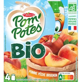 Pom Potes Compotes Bio pomme pêche & brugnon sans sucre ajouté POM'POTES 4x90g 360g