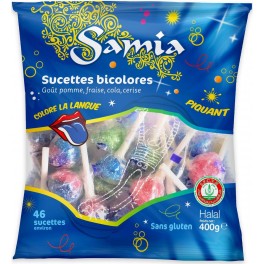 Samia Sucettes Halal Bicolores Goût Pommes Fraise Cola Cerise 400g (lot de 4)