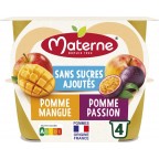 MATERNE Compotes Duo pomme mangue, pomme passion sans sucres ajoutés les 4 coupelles de 100g